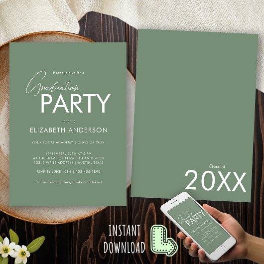 Invitation Moderne Chic Sage Green Typographie Parti de gradu