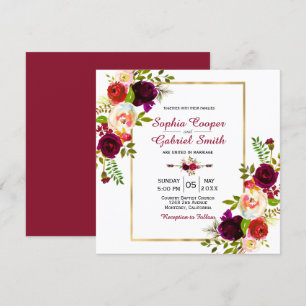 Invitation Moderne Chich Bourgogne Floral Gold Frame Mariage