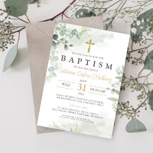 Invitation Moderne Christening Eucalyptus Verdure Baptême