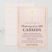 Invitation MODERNE CHRISTENING feuille d'or croix bébé rose (Devant / Derrière)