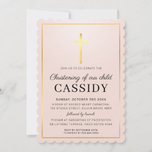 Invitation MODERNE CHRISTENING feuille d'or croix bébé rose