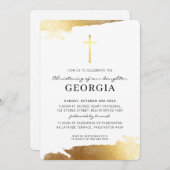 Invitation MODERNE CHRISTENING feuille d'or croix simple (Devant / Derrière)