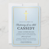 Invitation MODERNE CHRISTENING feuille or croix bébé bleu (Devant)