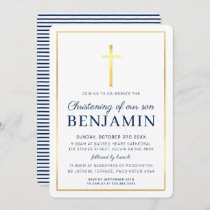 Invitation MODERNE CHRISTENING or croix simple marine blanc I