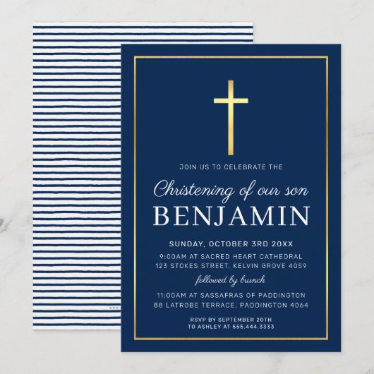 Invitation MODERNE CHRISTENING or croix simple marine blanc I (Devant / Derrière)