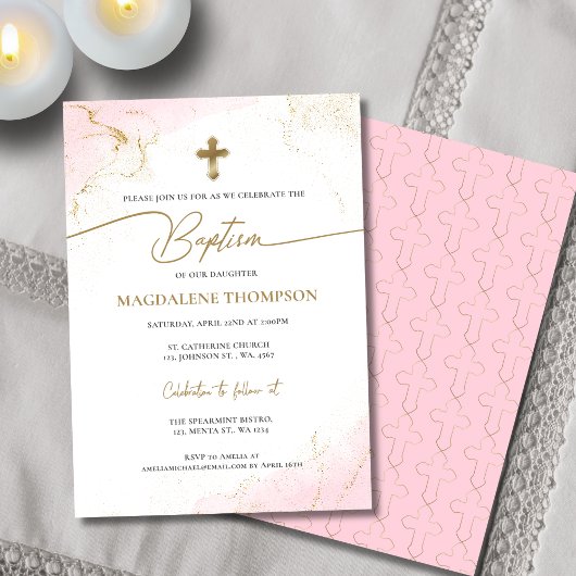 Invitation Moderne Christian Rose Croix d'or Baptême fille