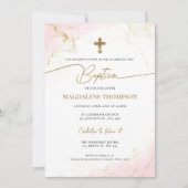 Invitation Moderne Christian Rose Croix d'or Baptême fille (Devant)