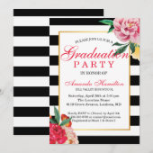 Invitation Moderne Classic à rayures florales Peony Graduatio (Devant / Derrière)
