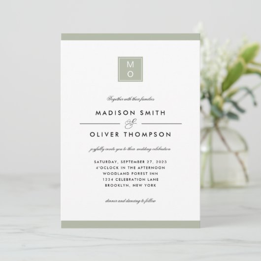 Invitation Moderne classique élégant Sage Vert Monogramme Mar (Debout devant)