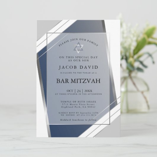 Invitation Moderne classique géométrique bleu SIlver Bar Mitz (Debout devant)