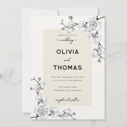 Invitation Moderne classique Orchidées Noires Blanches Mariag (Devant)