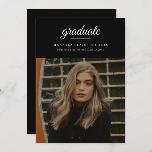 Invitation Moderne Classique Simple Script Photo Graduation (Devant / Derrière)
