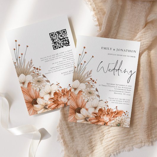 Invitation Moderne Code QR de mariage avec écriture de floral