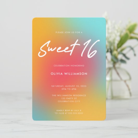 Invitation Moderne Colorful Script doux 16 Anniversaire (Debout devant)
