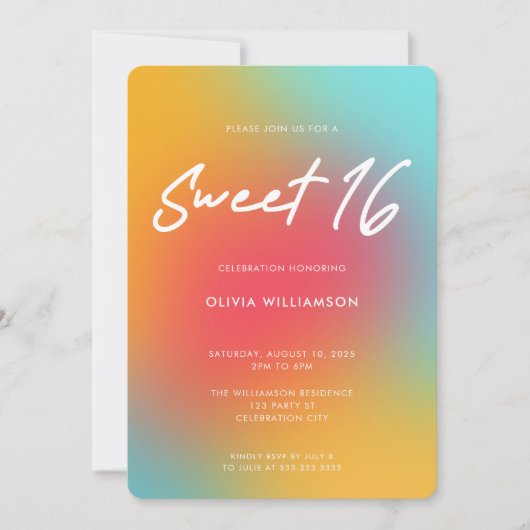 Invitation Moderne Colorful Script doux 16 Anniversaire (Devant)