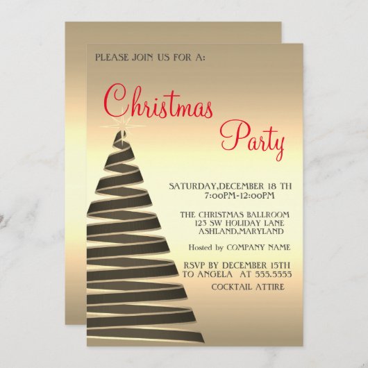 Invitation Moderne, Cool, Arbre de Noël Or (Devant / Derrière)