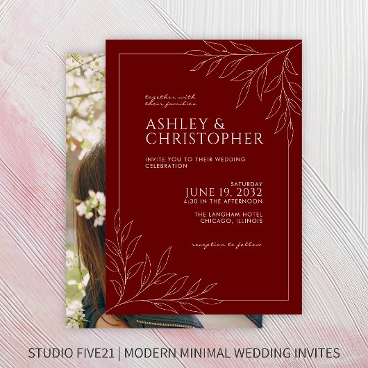 Invitation Moderne Crimson Red Foliing Outline Photo Mariage