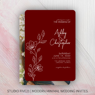 Invitation Moderne Crimson Red Foliing Outline Photo Mariage