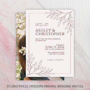 Invitation Moderne Crimson Red Foliing Outline Photo Mariage