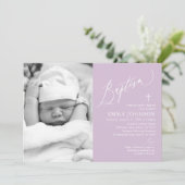 Invitation Moderne Croix violette fille photo Baptême Invitat (Debout devant)