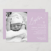 Invitation Moderne Croix violette fille photo Baptême Invitat (Devant / Derrière)