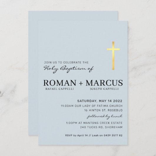 Invitation MODERNE CROSS baptême minimum bébé bleu feuille d' (Devant / Derrière)