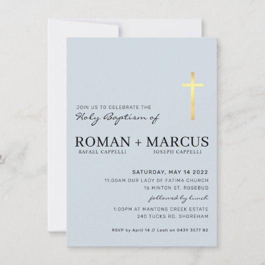 Invitation MODERNE CROSS baptême minimum bébé bleu feuille d' (Devant)