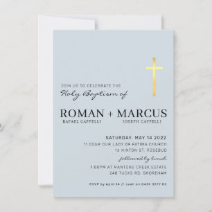 Invitation MODERNE CROSS baptême minimum bébé bleu feuille d'