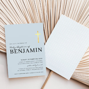 Invitation MODERNE CROSS baptisme minimum bébé bleu feuille d