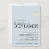 Invitation MODERNE CROSS baptisme minimum bébé bleu feuille d (Devant)