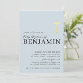 Invitation MODERNE CROSS baptisme minimum bébé bleu feuille d (Debout devant)
