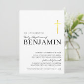 Invitation MODERNE CROSS baptisme minimum noir faux or (Debout devant)