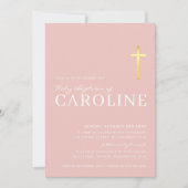 Invitation MODERNE CROSS or saint baptême minimal rose blanc (Devant)
