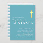 Invitation MODERNE CROSS or saint baptême minimum aqua bleu (Devant / Derrière)