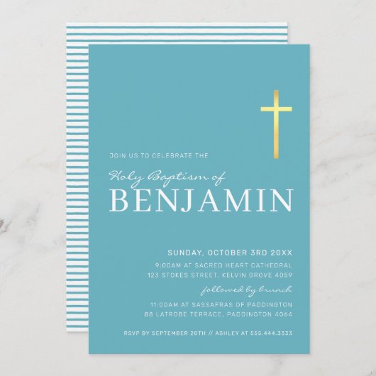 Invitation MODERNE CROSS or saint baptême minimum aqua bleu (Devant / Derrière)