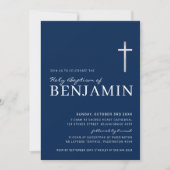 Invitation MODERNE CROSS saint baptême minimal marine bleu bl (Devant)