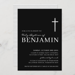 Invitation MODERNE CROSS saint baptême minimal noir argent