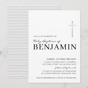 Invitation MODERNE CROSS saint baptême minimal noir argent