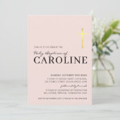 Invitation MODERNE CROSS saint baptême minime bébé or rose (Debout devant)