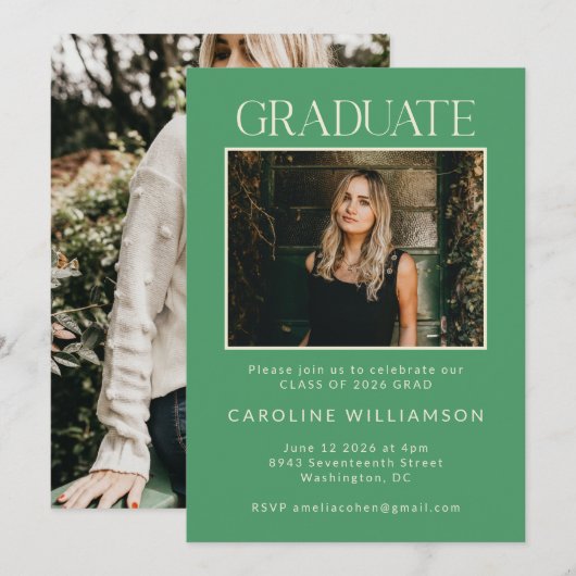 Invitation Moderne Cute Kelly Green Deux Photo Graduation Par (Devant / Derrière)