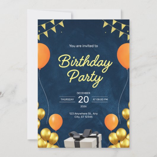 Invitation moderne d'anniversaire bleu et or (Devant)