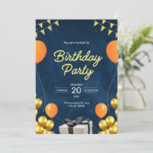 Invitation moderne d'anniversaire bleu et or (Debout devant)