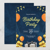 Invitation moderne d'anniversaire bleu et or (Devant / Derrière)