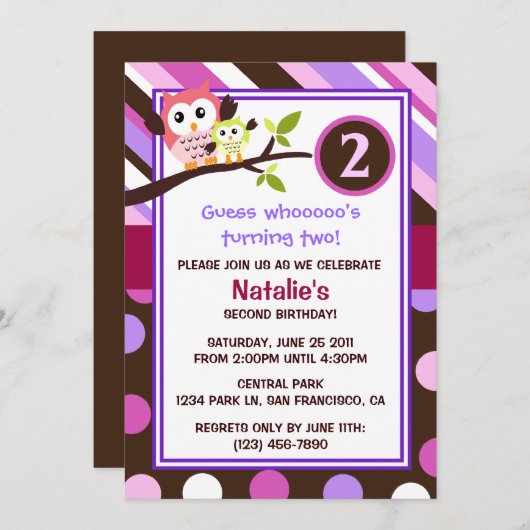 Invitation moderne d'anniversaire de hiboux (Devant / Derrière)