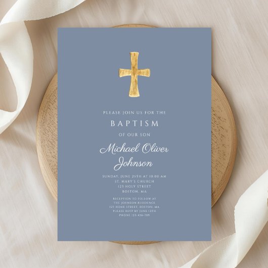 Invitation moderne de baptême garçon bleu poussiér