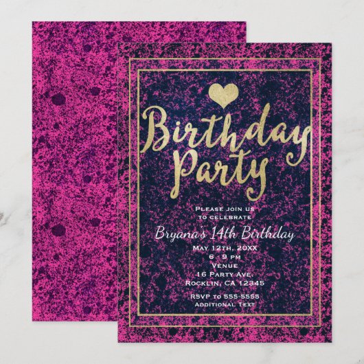 Invitation moderne de fête d'anniversaire rose et (Devant / Derrière)