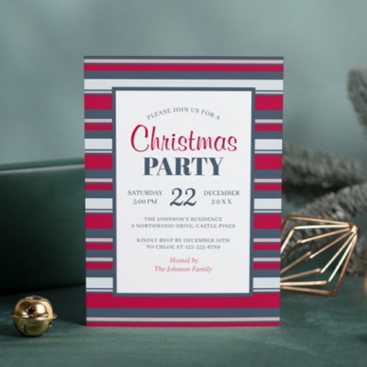 Invitation moderne de fête de Noël à rayures rouge
