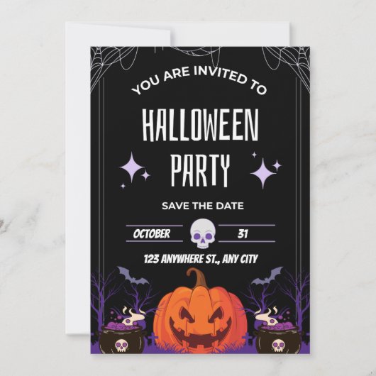 Invitation moderne de fête d'Halloween noir et bla (Devant)