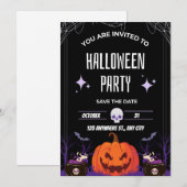 Invitation moderne de fête d'Halloween noir et bla (Devant / Derrière)