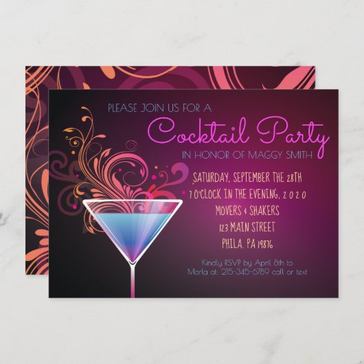 Invitation MODERNE de partie de COCKTAIL (Devant / Derrière)